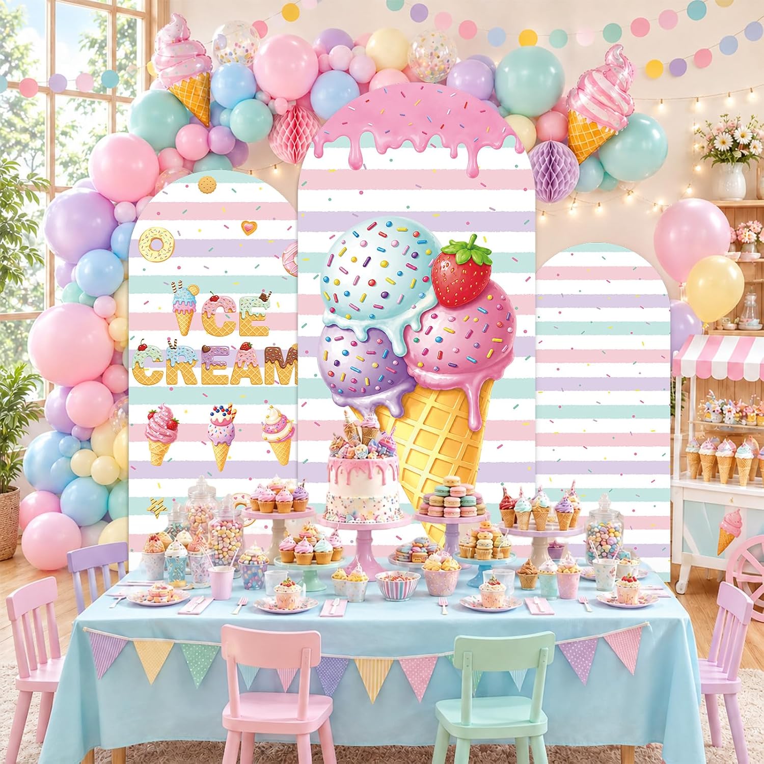 Dessert Table Backdrop - Latar Belakang Lengkung Es Krim Bergaris